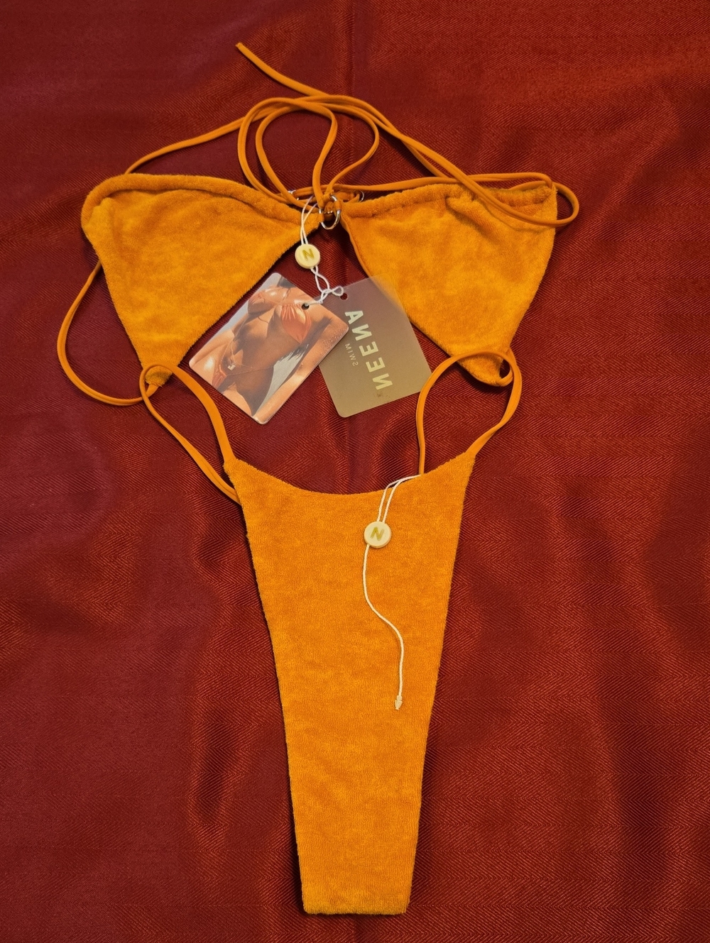 Small NEENA SWIM Terry Cloth Triangle Bikini Set in Golden Orange